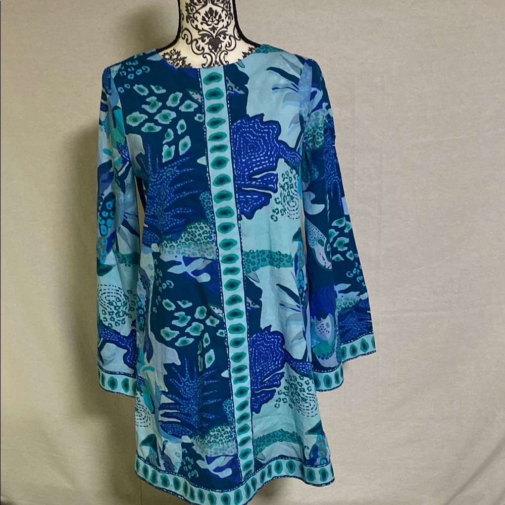 CELINA MOON Women’s Blue Shift Dress with Bell Sleeves Beautiful with pockets